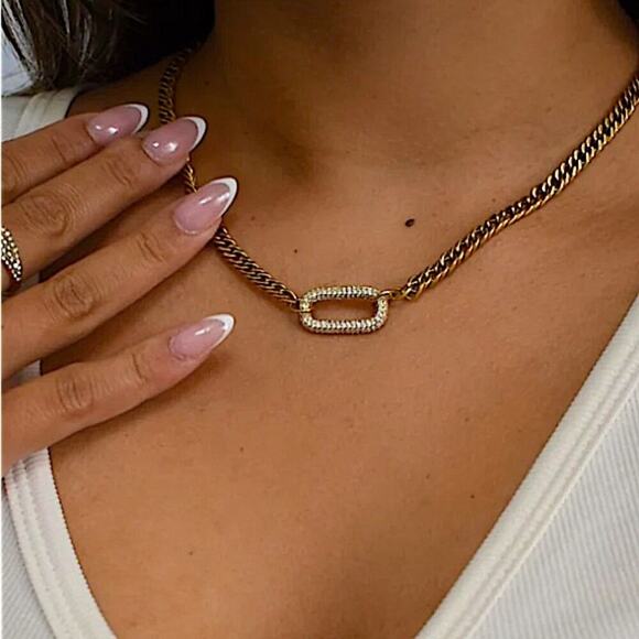 Gold Zircon Rectangular Charm Necklace Chain Link - Picture 4 of 11